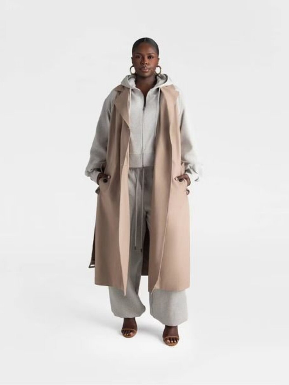 Beige Trench Coat Vest with Gray Hoodie Layer